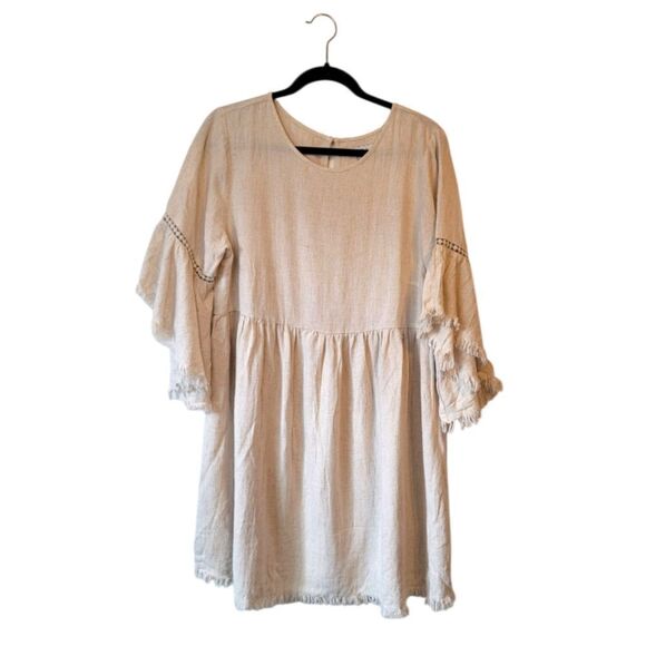 Hyfve Women's Cream Linen Blend Boho Bell Sleeve Over Sized Dress Size L - Picture 1 of 6